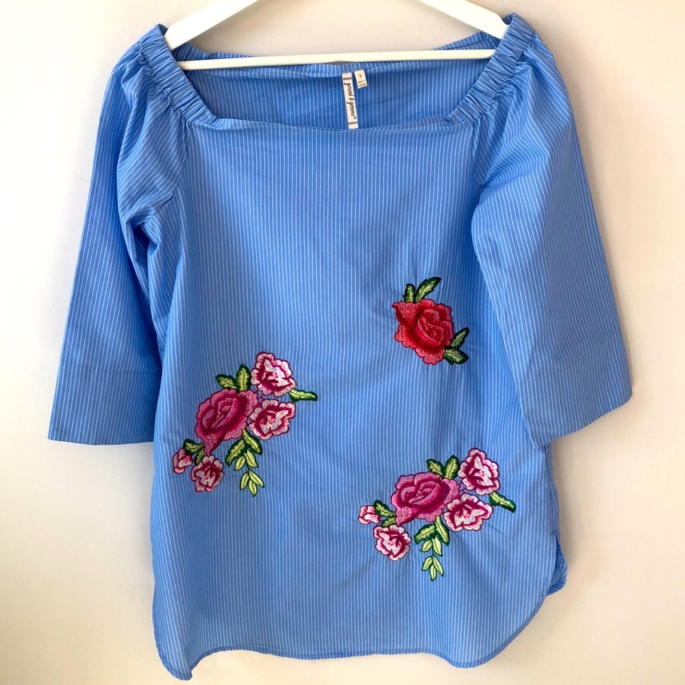 Blue Pinstriped Off Shoulder Red Pink Embroidered Roses Top/Dress.